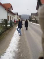 Laura finds out stepping on snow makes sounds...