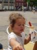 Emma eating her Danish sausage