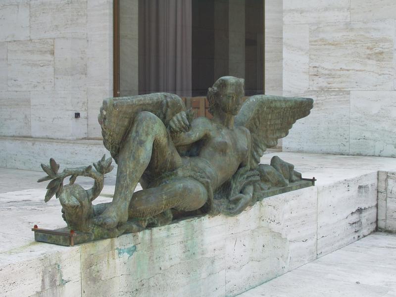 Sculpture at the exit of the building.