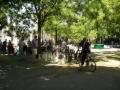 A giant chess board in the middle of the park.